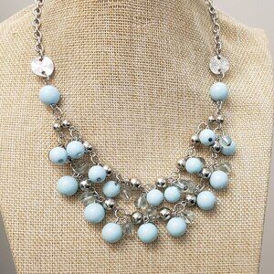 NWOT, Aqua, Teal blue silver tone clear ball charm beaded multi strand necklace